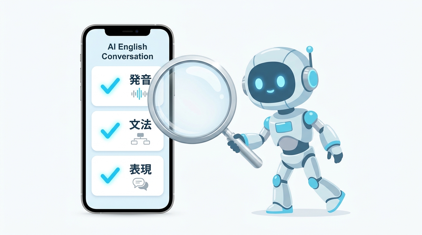 AIが発音・文法・表現を多角的に分析するフィードバック機能のイラスト
