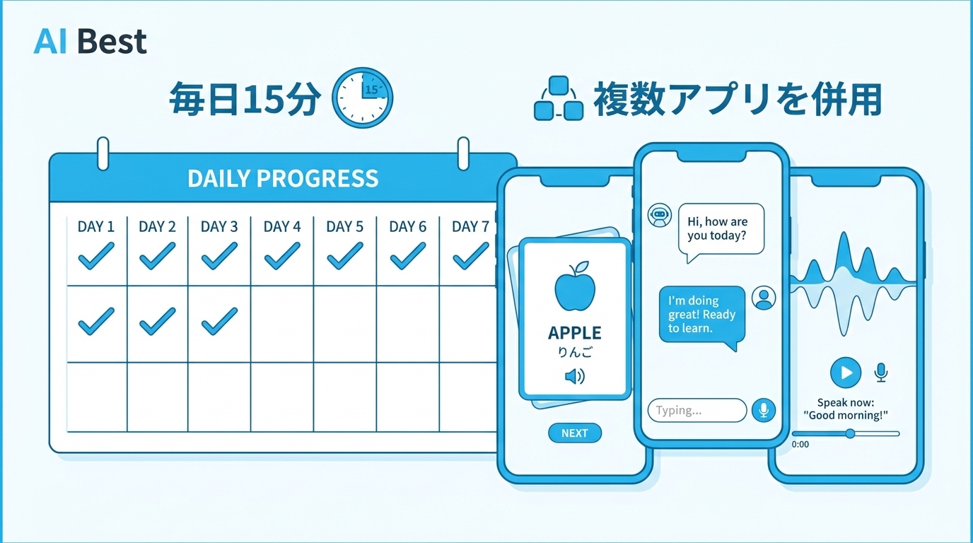 毎日15分の継続と複数アプリ併用で効果を出すコツを示すイラスト