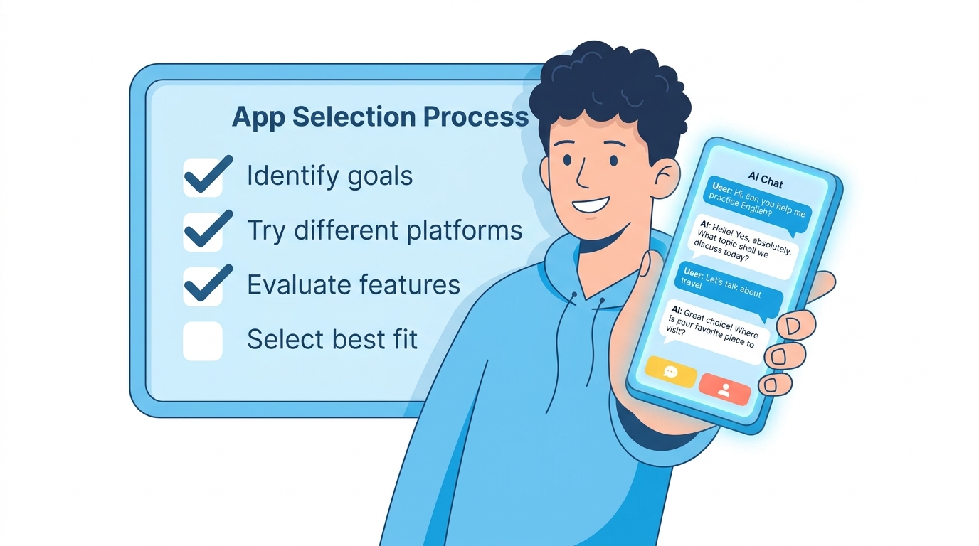 AI英会話アプリを試して自分に合うものを選ぶまとめのイラスト