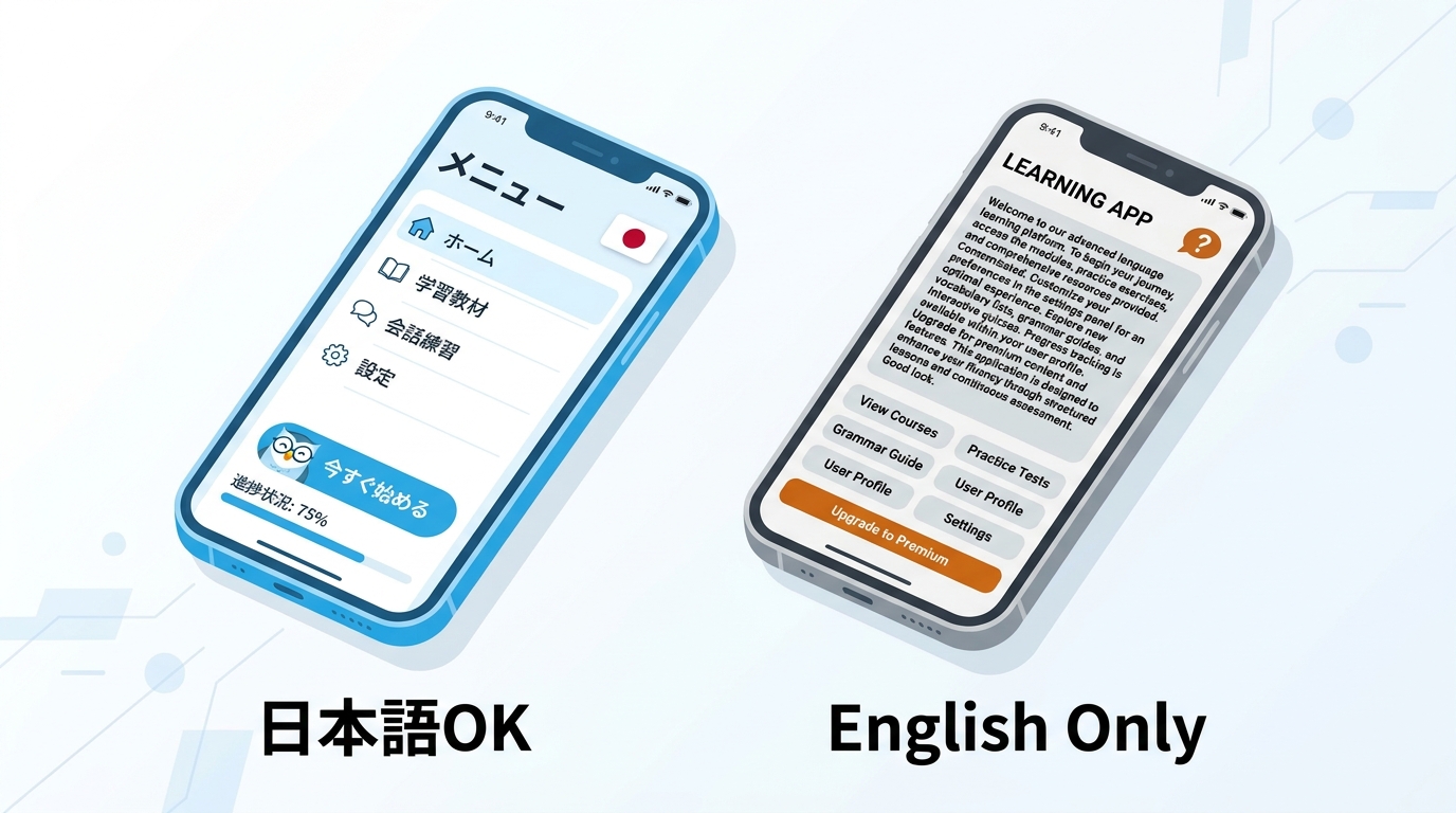 英会話アプリの日本語対応と英語のみの違いを比較するイラスト