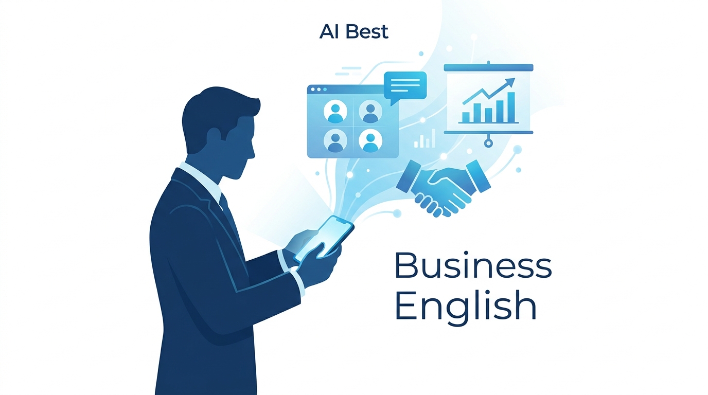 ビジネス英語をアプリで学ぶ社会人を示すイラスト