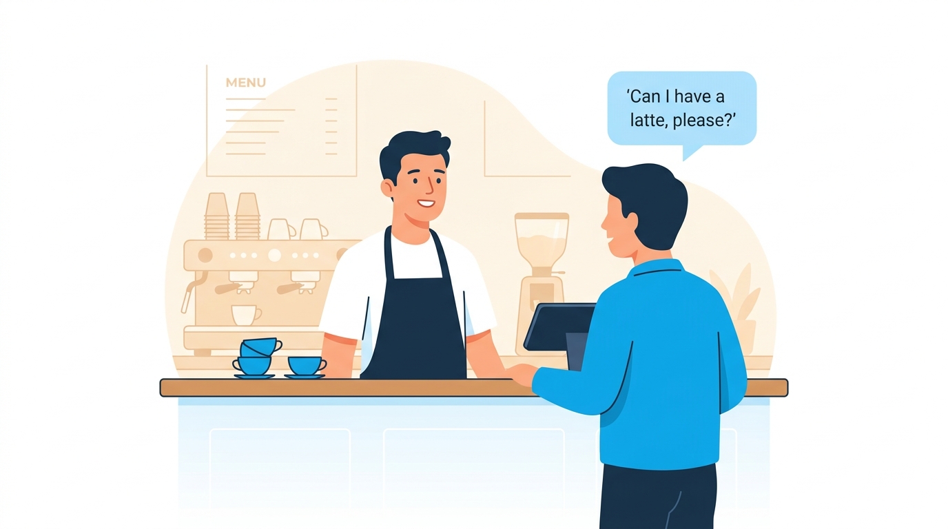 カフェでの注文ロールプレイで日常英会話を練習するイラスト