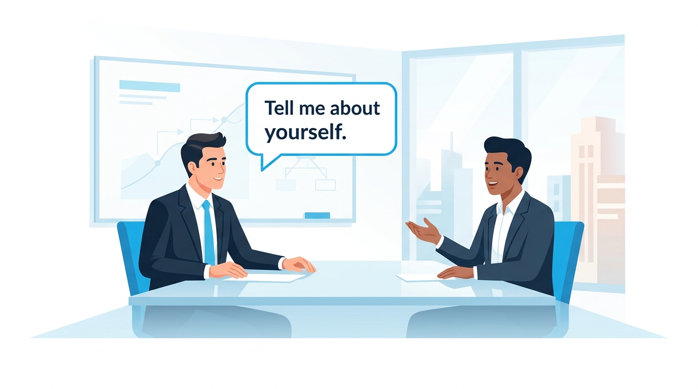 ビジネス英語の面接シーンをロールプレイで練習するイラスト