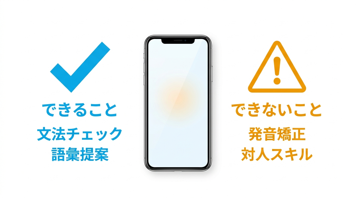 ChatGPTで英会話練習する際のできることとできないことを対比するイラスト