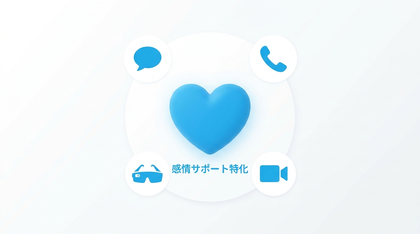 Replikaの感情サポート特化と多彩な通信手段を示すイラスト
