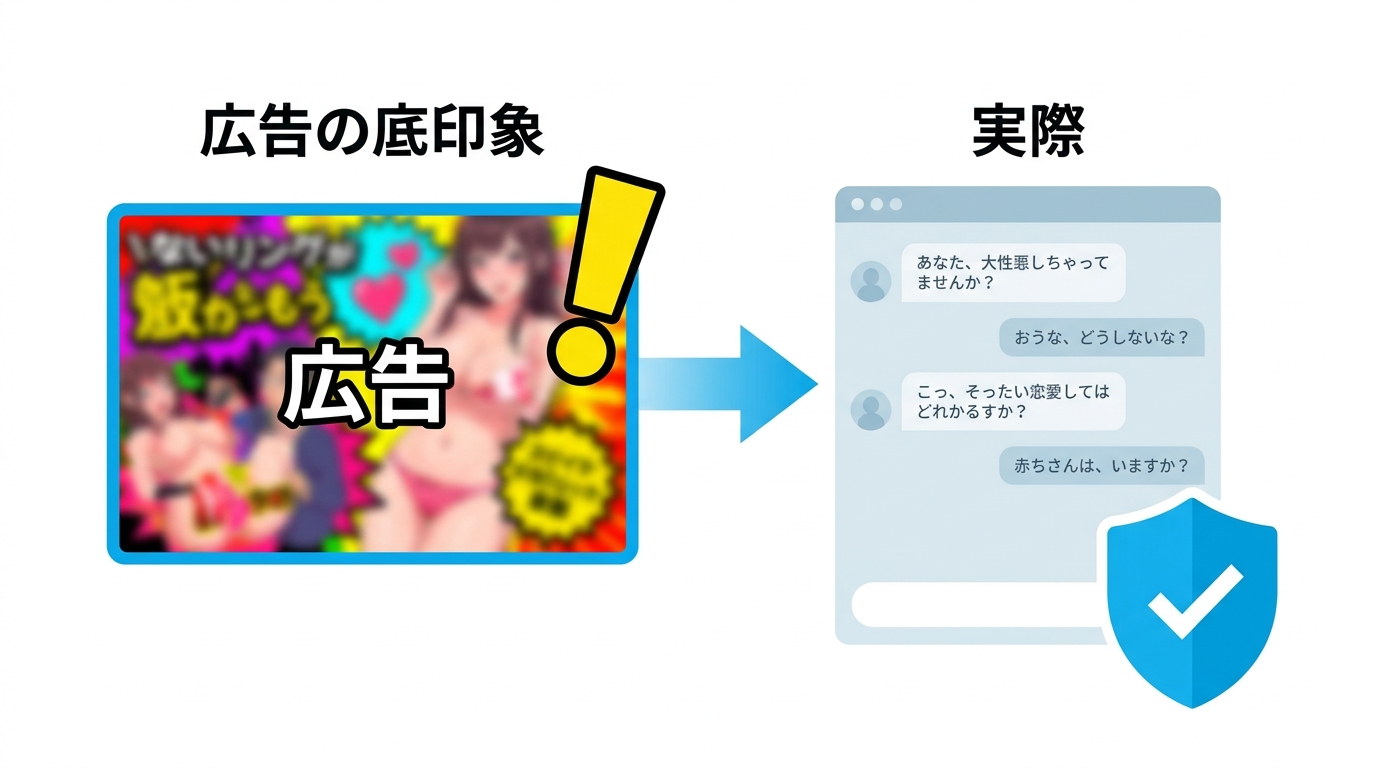 プラスメイトの安全性と広告の真相を示すイラスト