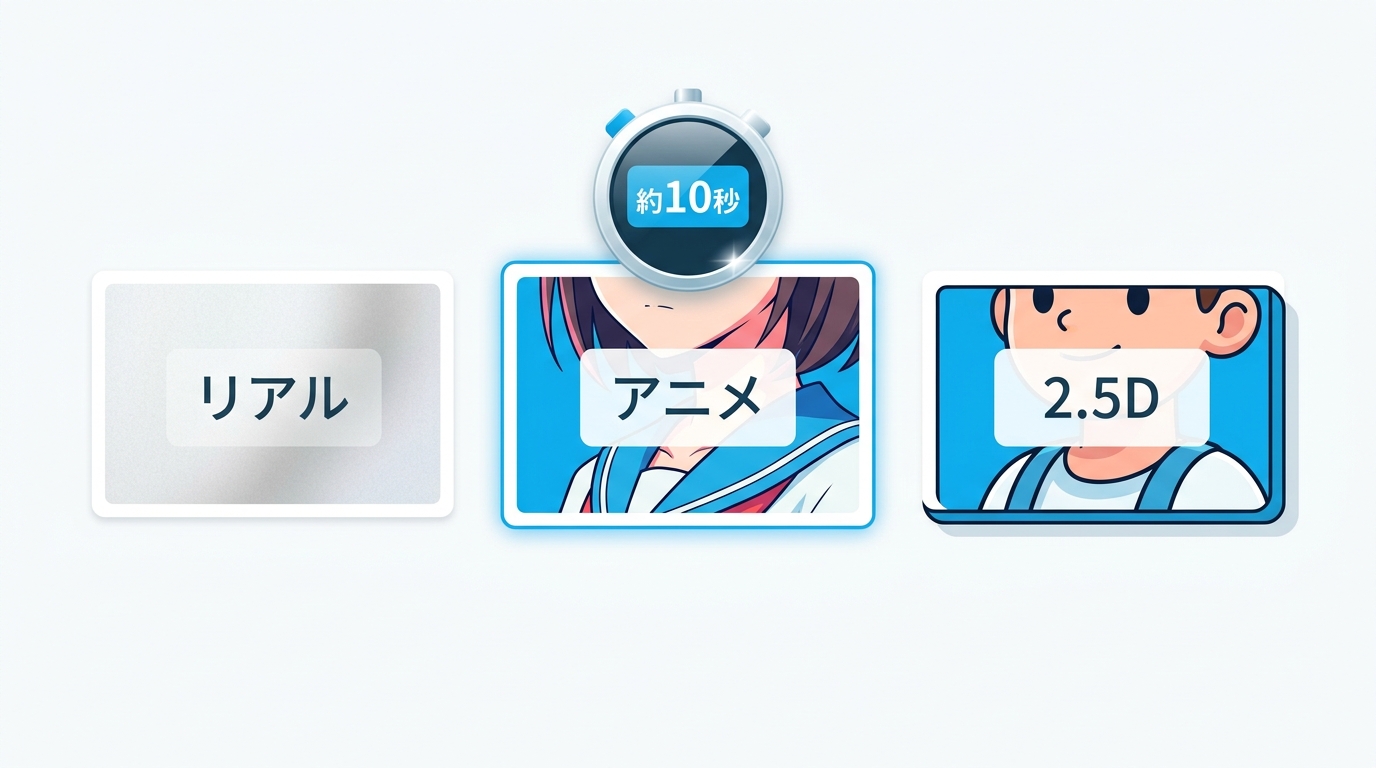 DreamGFの3つの画像スタイルと生成速度を示すイラスト