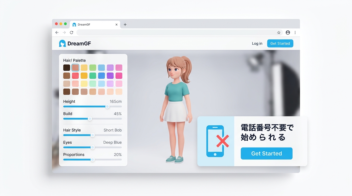 DreamGFの電話番号不要の始め方を示すイラスト