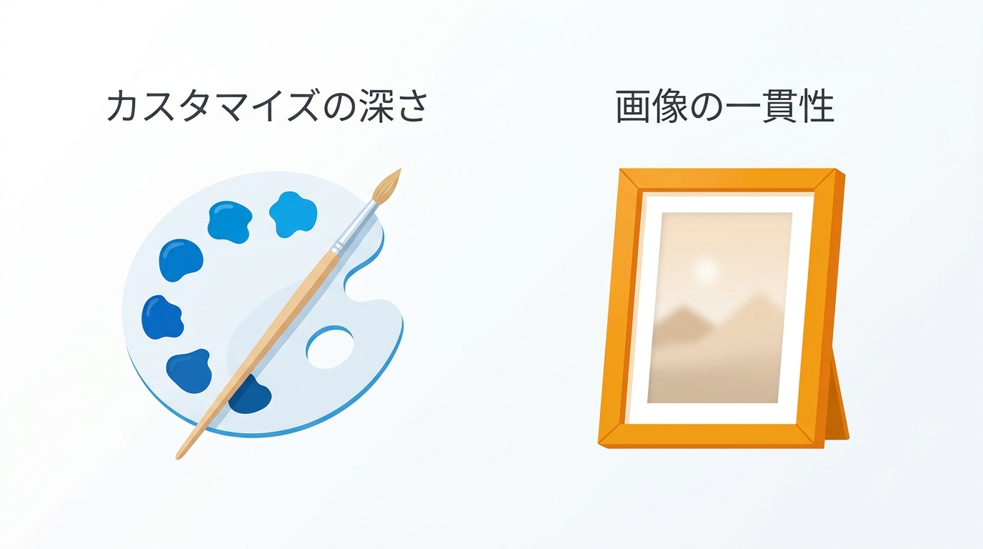 カスタマイズの深さと画像の一貫性を対比するイラスト