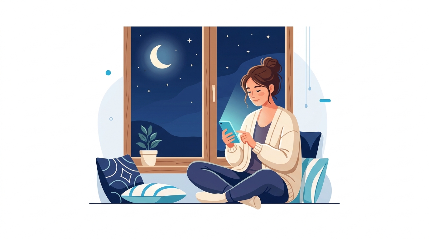 muuteを使いこなすコツ・就寝前のジャーナリング習慣を示すイラスト