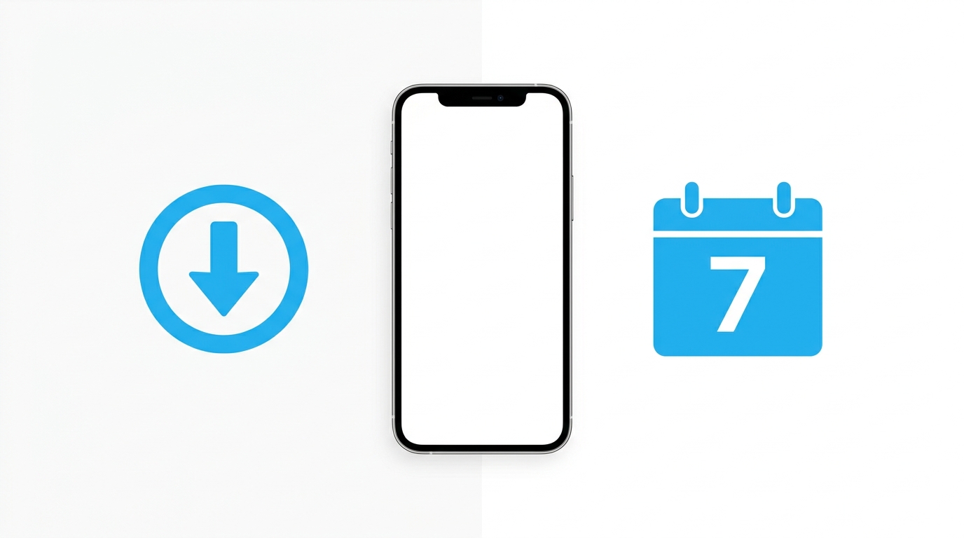 SELF MINDの始め方・iOS専用と7日間無料トライアルを示すイラスト