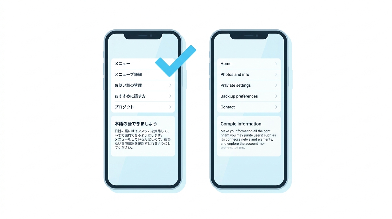 スピークバディの日本語UI対応と他アプリとの違いを示すイラスト