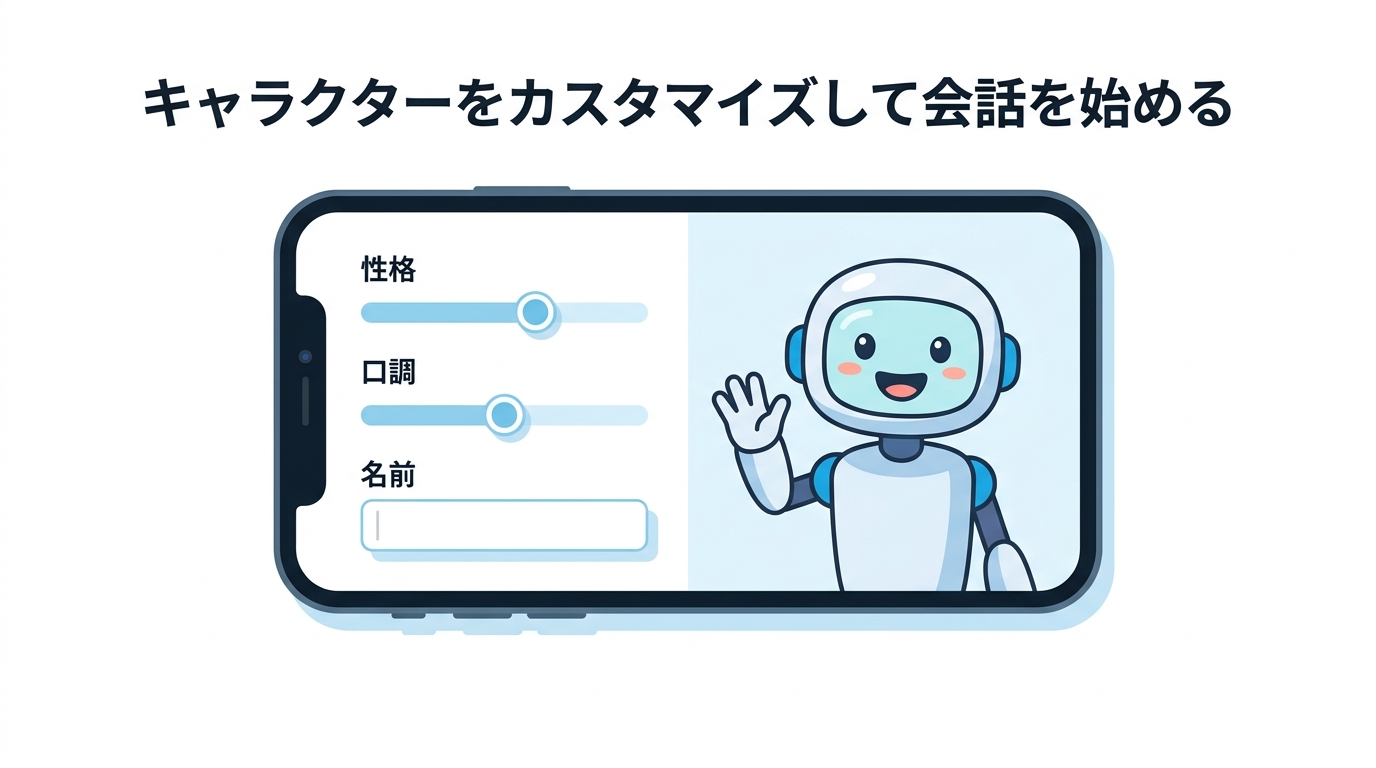 エアフレンドでAIキャラクターをカスタマイズする様子を示すイラスト