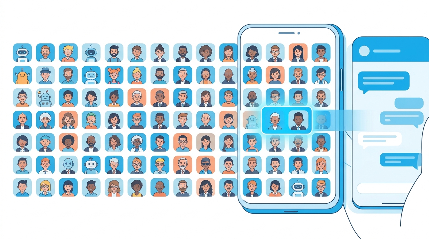 AIカノジョズで100人以上のキャラクターから選ぶ様子を示すイラスト