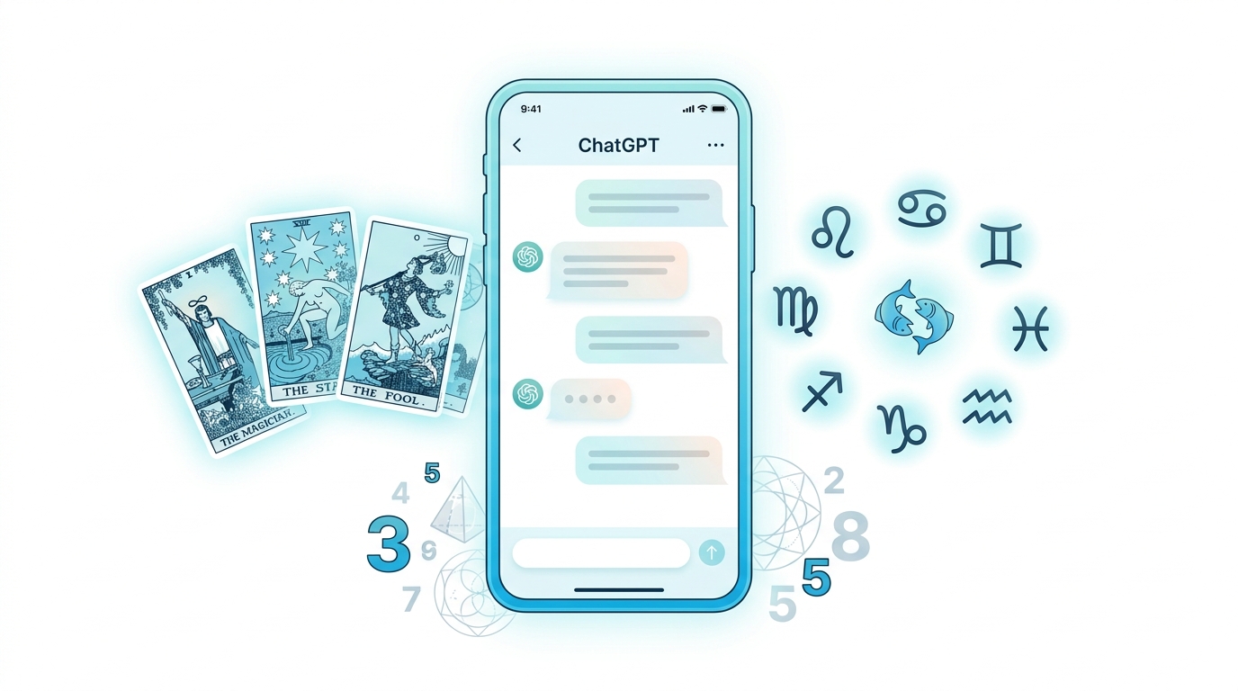 ChatGPTで体験できるタロット・星座・数秘術の多彩な占術を示すイラスト
