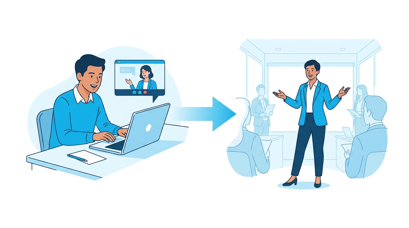 オンライン英会話が向いている人を示すイラスト(レッスンからビジネス実践へ)