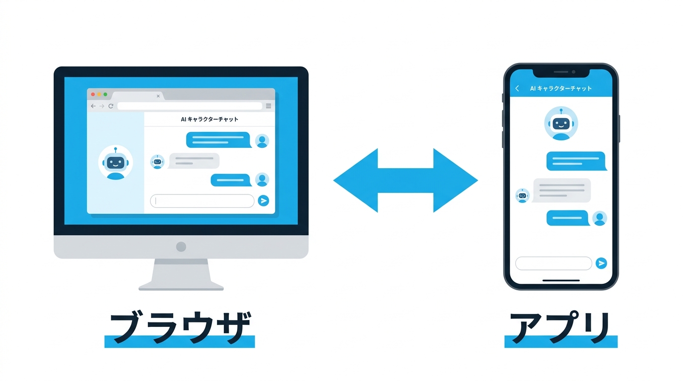 ブラウザとアプリの両方でAIキャラクターと会話できることを示すイラスト