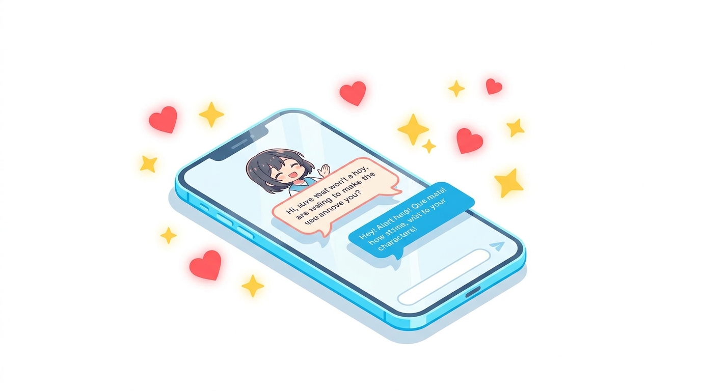 アニメキャラとAIチャットできるサービスの概要を示すイラスト