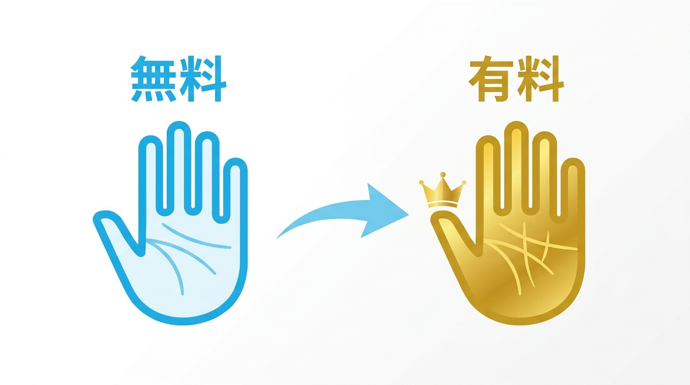AI手相占いの無料と有料の範囲を示すイラスト