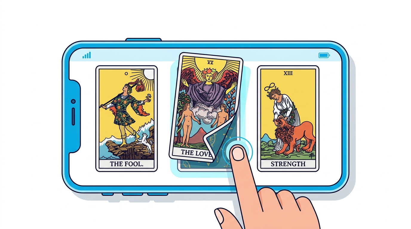 AI占い専用アプリのカード選択体験を示すイラスト